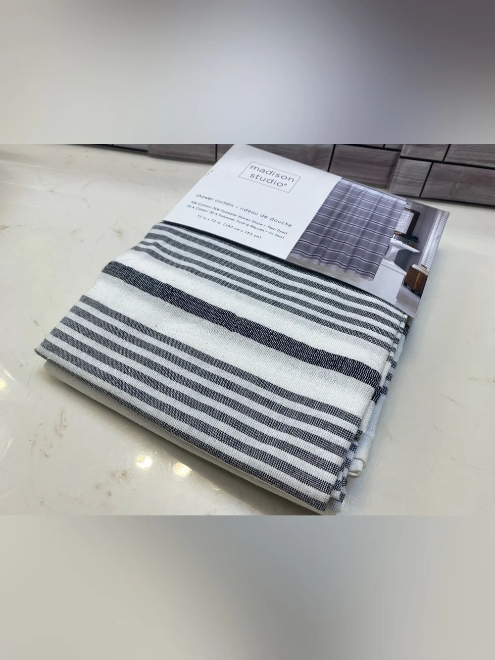 Madison Studio ❤️Stripe Shower Curtain 72”x72” Gray & White NWT